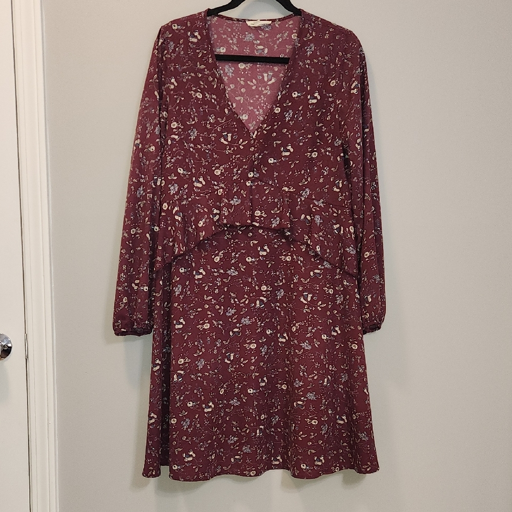 Cedar & Gold Floral Midi Dress Maroon Print‎ Long Sleeve Boho Cottagecore Size M